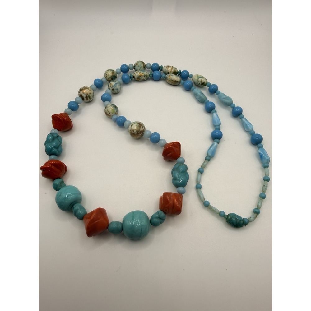 Vintage Turquoise Coral Necklace Southwestern Acrylic Bead Endless 28"